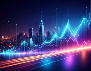 Futuristic cityscape with glowing data visualizations