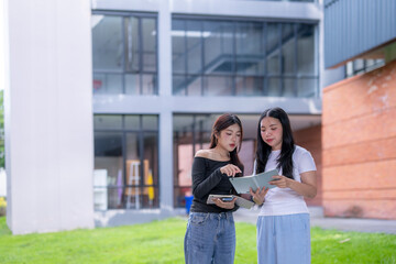 Fototapeta premium Two young businesswomen collaborating outdoors using digital tablet and notebook