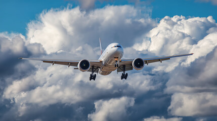 Obraz premium Commercial Airplane Landing Approach with Fluffy Clouds - Aviation Travel Concept
