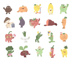 Fototapeta premium Fruit and vegetable character set in scandinavian style with charming emotions and poses featuring potato, lemon, orange, pear, chili, tomato, and more for your creative projects