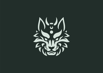 A simple minimalist wolf with Japanese Oni mask silhouette style, symbolizing strength, mystery, and duality