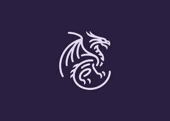A simple minimalist wyvern dragon logo in line style, symbolizing mythical strength, flight, and power