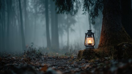 Vintage lantern glowing in misty dark forest at twilight with moody atmosphere