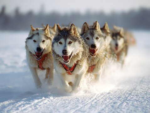 dog sled team racing across snowy tundra