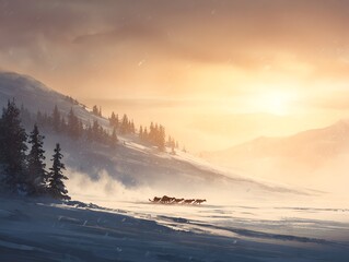 dog sled team racing across snowy tundra