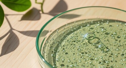 Close-up of Green Gel with Bubbles in Petri Dish, Illuminated by Natural Light with Leaf Shadows