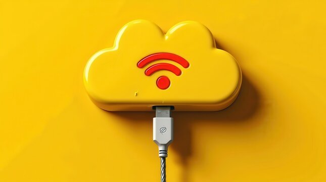 Cloud Data Transfer: A yellow cloud symbol with Wi-Fi signals, symbolizing seamless digital connectivity and data transfer. A USB cable visually connects to the cloud.