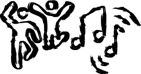 Hand-drawn sketch of dancing people with music notes, symbolizing party, celebration, joy, festival, dance, fun, and musical entertainment in black and white style.
