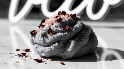 Textured Gray Body Scrub Topped with Pink Salt and Rose Petals with Blurred Background and Neon Light Perfect for Beauty Product Demonstrations Ads Advertisement Promotion