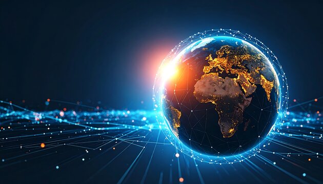 A captivating depiction of a globe, enveloped in a network of luminous lines and points, creating a dynamic representation of global connectivity.