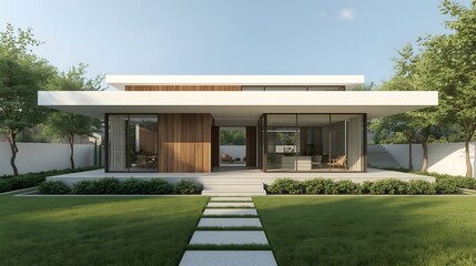 Contemporary minimalist home design with expansive glass facades and a pristine green lawn, showcasing modern architectural elegance and tranquil outdoor living spaces