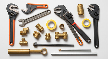 A flat lay of various plumbing tools and fittings including wrenches pipes and brass connectors on white