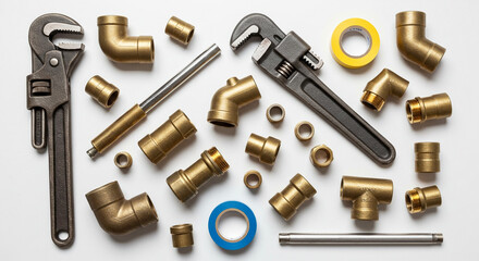 A flat lay of plumbing tools and brass fittings including wrenches and tape on a white background surface