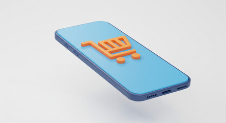 A blue smartphone displays an orange shopping cart icon on its screen against a white background plain