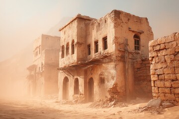 sandstorm sweeping across abandoned village