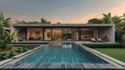 Fototapeta premium Luxurious modern tropical villa with a stunning swimming pool, surrounded by lush green garden and palm trees, bathed in the soft glow of twilight, epitomizing serene living