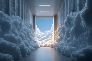 Open door to room with rows of cloud icons on racks, symbolizing digital storage, cloud computing, information security, server rental