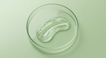 A clear gel substance in a petri dish on a green background viewed from directly above in a studio shot