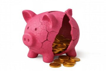 Broken ceramic piggy bank spilling golden coins, representing financial strain and depleted savings against clean transparent backdrop