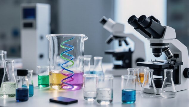 Scientific laboratory showcasing DNA helix and chemical beakers