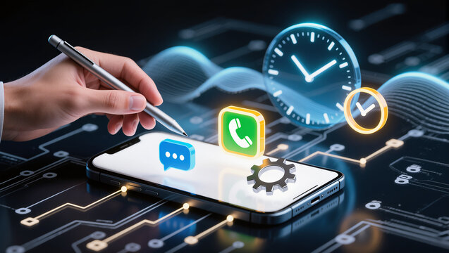 Technical Support and Customer Service Technology Concept. Business person using smartphone and pen with service icons representing customer support, assistance, 247 help, and communication channels i