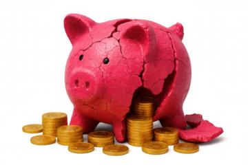 Cracked pink piggy bank revealing gold coins, symbolizing economic hardship and financial crisis on a transparent background