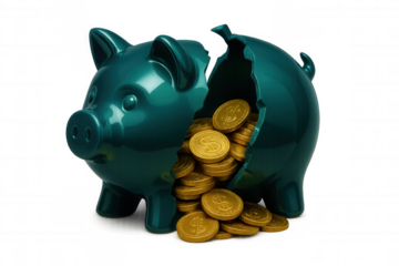 Green piggy bank broken revealing golden coins, suggesting savings being accessed or spent, on transparent background