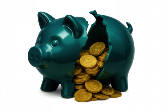 Green piggy bank broken revealing golden coins, suggesting savings being accessed or spent, on transparent background