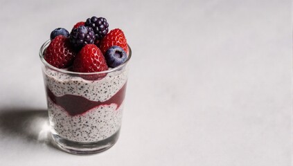 Fresh berries adorn a chia pudding glass on a white surface