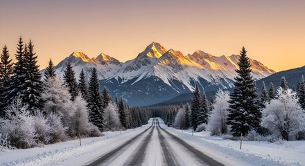 Snowy road stretches toward glowing mountains, framed by frosted pine trees.