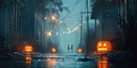 Fototapeta premium Eerie Halloween scene featuring jack-o'-lanterns and atmospheric lighting. The scene evokes a sense of mystery and intrigue, perfect for Halloween themes