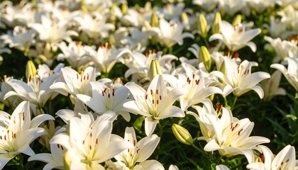 A vibrant field of numerous white lilies, showcasing delicate petals and reddish-brown stamens, bathed in sunlight.