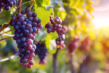 太陽に照らされたブドウの房と秋の葡萄畑
