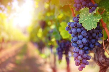 太陽に照らされたブドウの房と秋の葡萄畑