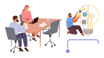 Team collaborating at a table with documents and laptop, alongside an engineer fixing gears in a light bulb. Ideal for creativity, teamwork, brainstorming, innovation, solution-building, project