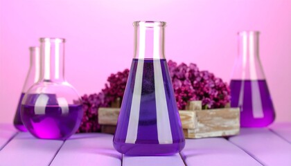 Clear glass beakers filled with vibrant purple liquid, positioned on a light purple wooden surface, with a wooden crate holding a bouquet of purple flowers.