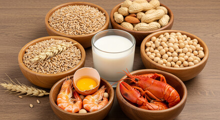Various food allergens displayed in wooden bowls and a glass of milk on a wooden surface top view