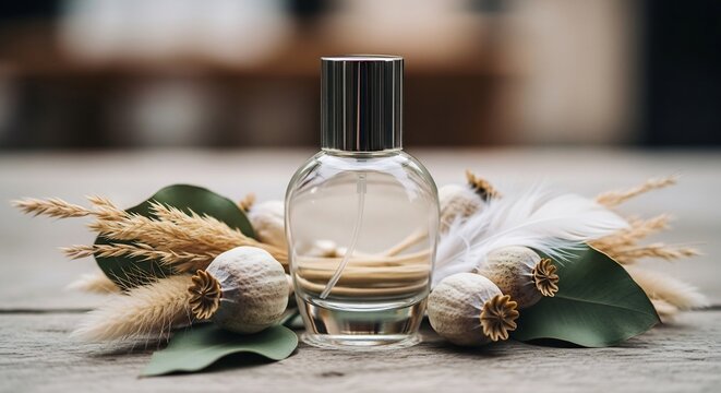Serene Fragrance: Glass Perfume Bottle with Dried Flowers, Pampas Grass, and Feather - Powered by Adobe