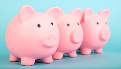 Three charming pink piggy banks stand in a row against a vibrant light blue background, representing savings and financial security.