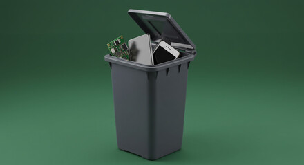 A gray trash can with its lid open filled with electronics on a green background in studio lighting