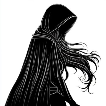 silhouette of female fantasy warrior with a hooded cape, vector black on with white background with long hair