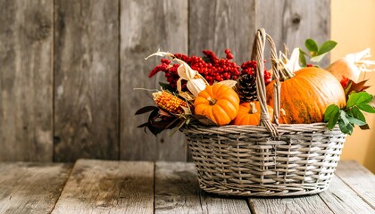A rustic basket filled with autumnal gourds, corn, berries, and pine cones, presented on a weathered wooden surface.