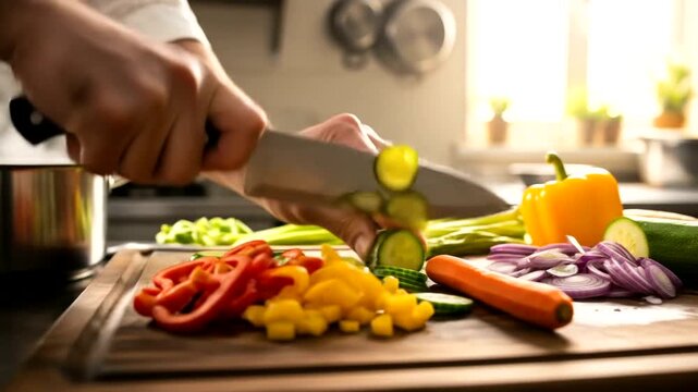 Close-up of hands expertly chopping assorted fresh vegetables on a wooden cutting board in a bright kitchen.