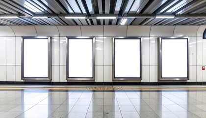 Four blank advertising billboards mockup inside a clean, modern underground metro station with a reflective floor