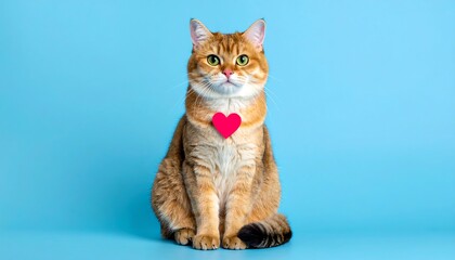 A ginger cat, with a bright pink heart-shaped collar, sits against a vibrant, light blue backdrop.