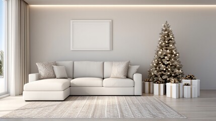 Modern minimalist Christmas interior, Scandinavian decor, neutral tones 