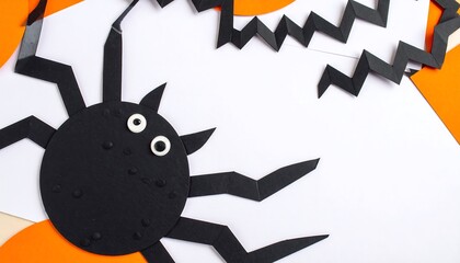 A black paper spider craft with zigzag patterns, set against a white background and orange accents, creates a spooky yet playful Halloween theme.