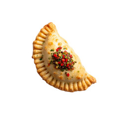 Single Delicious Empanada with Savory Topping Isolated on Black Background