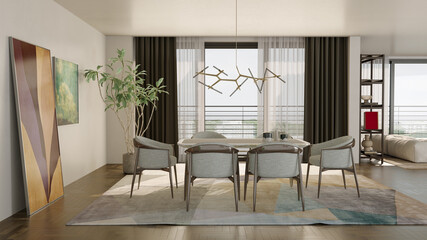 Large luxury modern bright interiors Living room mockup illustration 3D rendering image