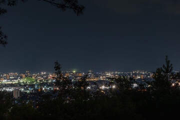 Obraz premium 日本の岡山県岡山市の都市夜景と打ち上げ花火